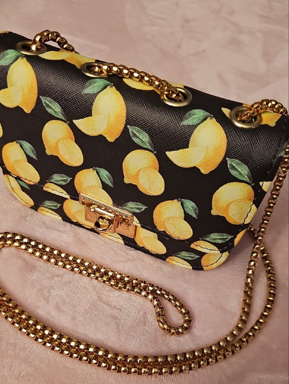 Black Lemon-Print Crossbody Bag with Gold Chain Strap -1 Free Bag Charm Included - Picture 3 of 7